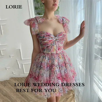 Мини-рокля за абитуриентски бал с флорални принтом LORIE Трапециевидное рокля с лък спагети презрамки, мини-корсет, рокли за абитуриентски бал 2023