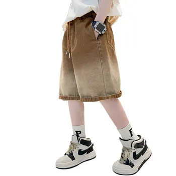Дънкови шорти в ретро стил за юноши, летни детски къси ежедневни реколта панталони, с наклон, модни памучни дънкови шорти за момчета на възраст от 5 до 14 години