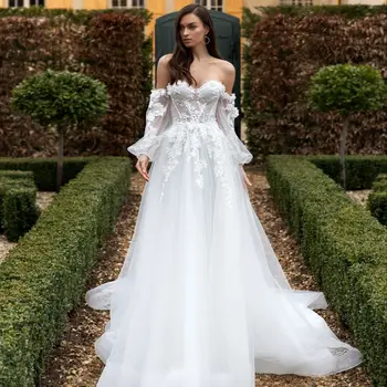Очарователно сватбена рокля трапецовидна форма с открити рамене, лейси апликация, ръкави-фенери, сватбена рокля с стреловидным влак, Vestidos De Новия