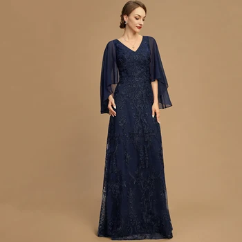 Тъмно Синьо Дантелено рокля за Майката на Булката в пода С Къс Ръкав и V-образно Деколте, Вечерна Сватбена Рокля за Гости 2023, Vestido De Madrina