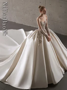Винтажное атласное сватбена рокля без презрамки, с влак, сватбени рокли Robe De Mariage