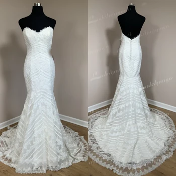 Прекрасна сватбена рокля на луксозни 2023, дантелени апликации Сватбени рокли в стил бохо дължина до пода, без презрамки, ушити по поръчка, vestido de noiva simples
