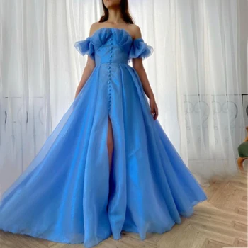 LSYX Princess Blue Вечерна рокля от органза с кръгло деколте и пищните ръкави с открити рамене и високи разрезом2023, секси вечерна рокля трапецовидна форма копчета