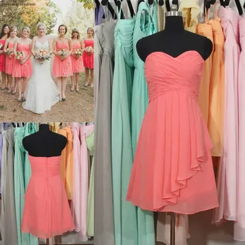 Висококачествено къса рокля на шаферка коралов цвят, шифоновое рокля на шаферка без ръкави