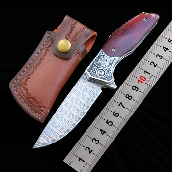 дамасский сгъваем джобен нож за самозащита висока твърдост, за оцеляване в къмпинга, тактическа дървена дръжка